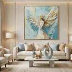 Gestural abstract hand-painted canvas depicting an angelic figure with sweeping wings in cream, blue, and gold tones, contemporary living space