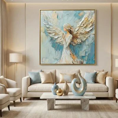 Gestural abstract hand-painted canvas depicting an angelic figure with sweeping wings in cream, blue, and gold tones, contemporary living space