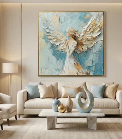 Gestural abstract hand-painted canvas depicting an angelic figure with sweeping wings in cream, blue, and gold tones, contemporary living space