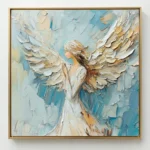 Textured hand-painted canvas depicting an angelic figure with layered cream and gold wings against soft blue tones
