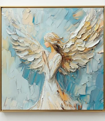 Textured hand-painted canvas depicting an angelic figure with layered cream and gold wings against soft blue tones