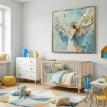 Textured contemporary hand-painted canvas of an ethereal winged figure in cream, blue, and gold tones, nursery setting
