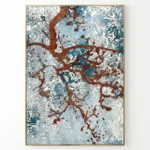 Textured abstract hand-painted canvas with rust-red branching pathways across layered white and blue tones, contemporary living space