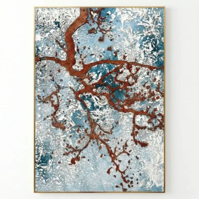 Textured abstract hand-painted canvas with rust-red branching pathways across layered white and blue tones, contemporary living space