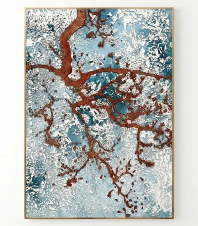 Textured abstract hand-painted canvas with rust-red branching pathways across layered white and blue tones, contemporary living space