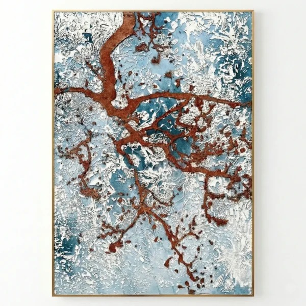 Textured abstract hand-painted canvas with rust-red branching pathways across layered white and blue tones, contemporary living space