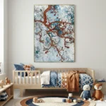 Textured abstract hand-painted canvas in rust, cream and slate blue with organic branching forms, nursery setting