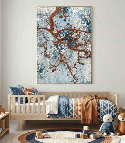 Textured abstract hand-painted canvas in rust, cream and slate blue with organic branching forms, nursery setting