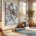 Layered abstract hand-painted canvas with rust and teal veining on cream ground, yoga studio setting