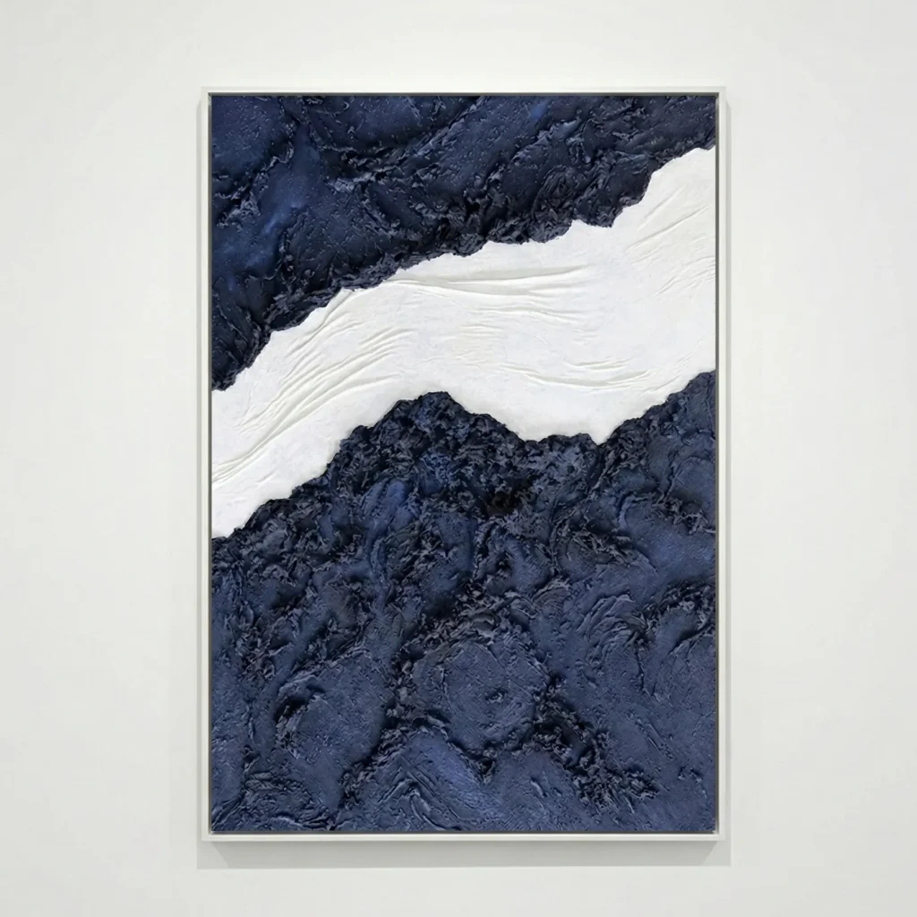 Textured abstract hand-painted canvas in deep navy and white with layered gestural brushstrokes, contemporary wall art