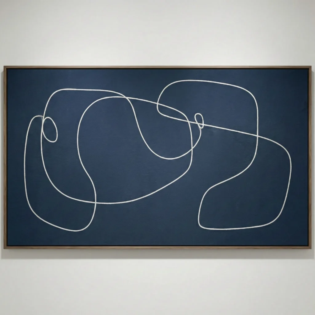 Minimalist hand-painted canvas with continuous line drawing of two hands exchanging a circle, navy and cream palette, contemporary interior