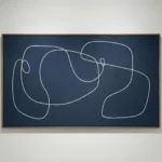 Minimalist hand-painted canvas with continuous line drawing of two hands exchanging a circle, navy and cream palette, contemporary interior