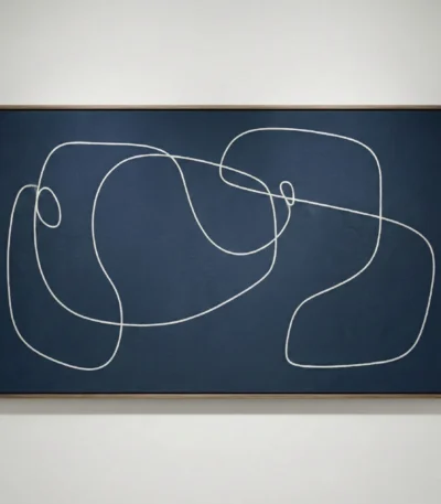 Minimalist hand-painted canvas with continuous line drawing of two hands exchanging a circle, navy and cream palette, contemporary interior