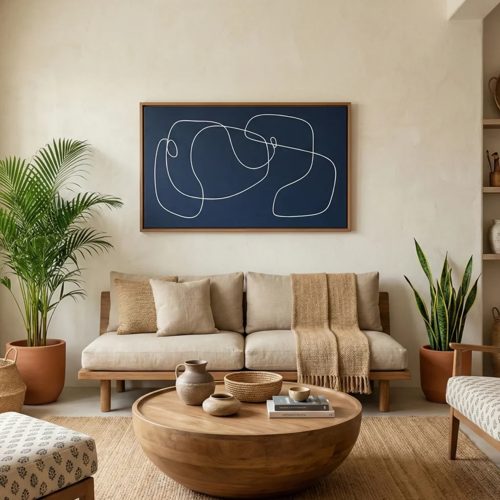 Minimalist abstract hand-painted canvas with continuous white line gestures on deep navy, contemporary living space