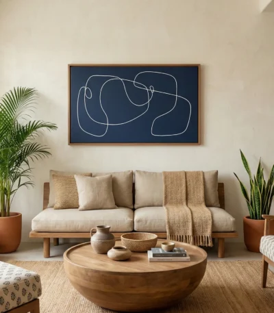 Minimalist abstract hand-painted canvas with continuous white line gestures on deep navy, contemporary living space