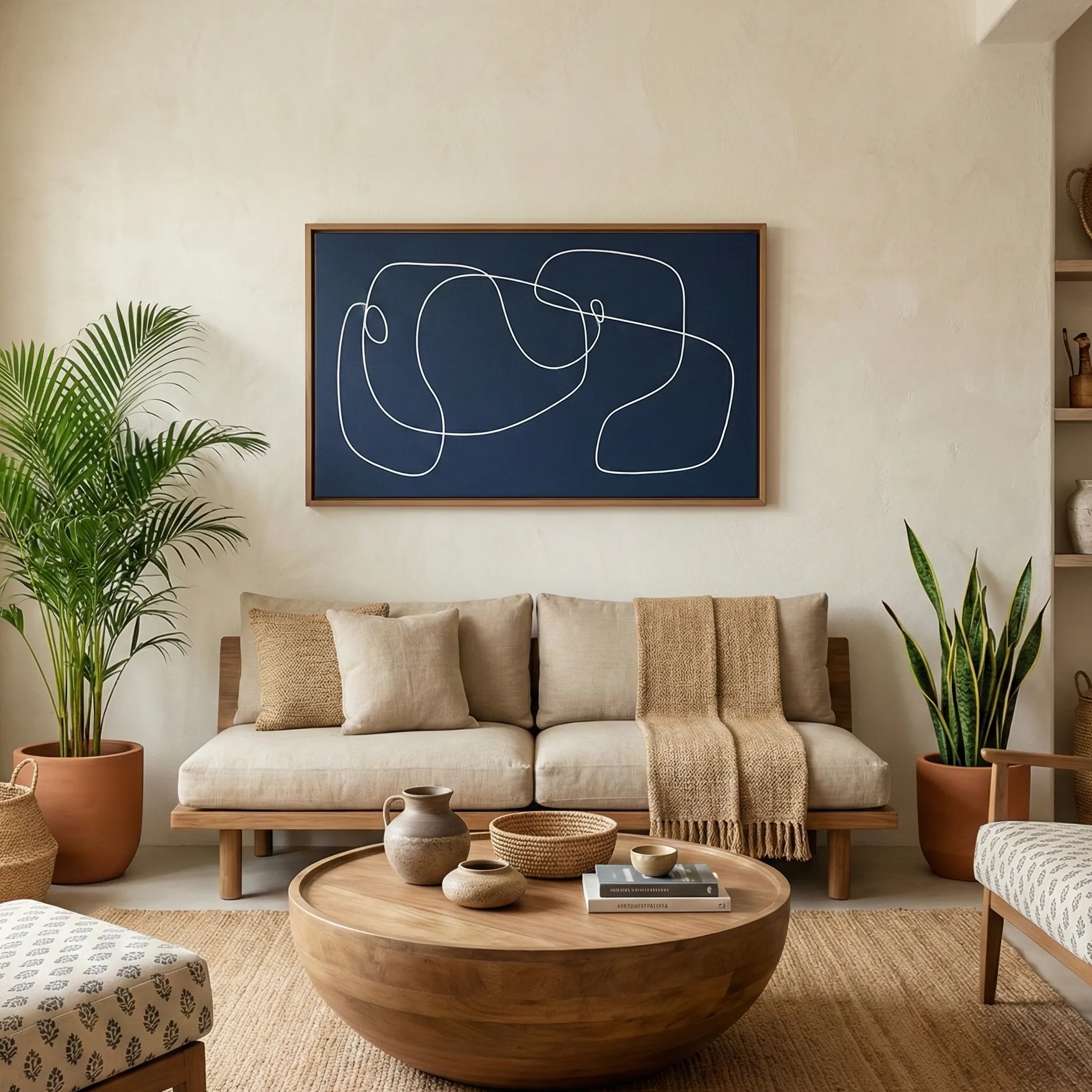 Indigo Drift Lines – Wabi Sabi Abstract Wall Art (5) Minimalist abstract hand-painted canvas with continuous white line gestures on deep navy, contemporary living space