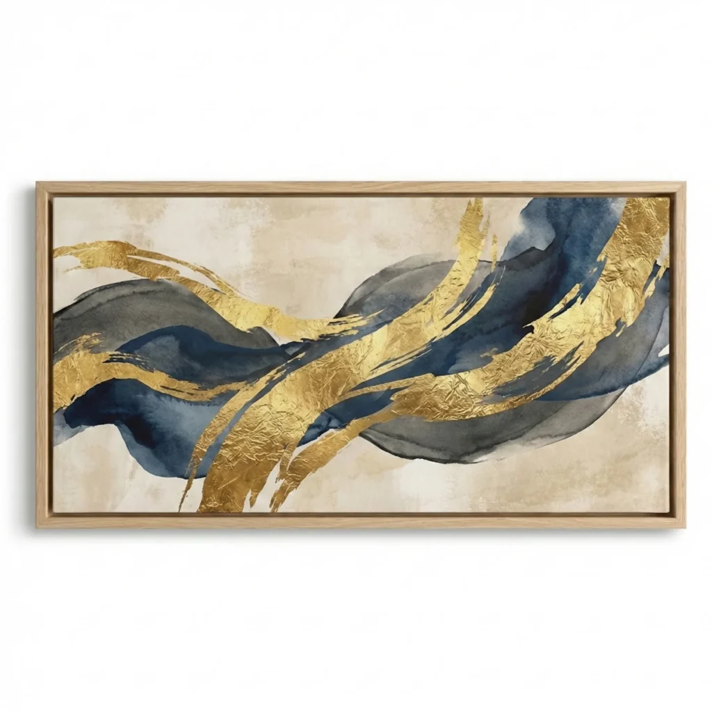 Abstract hand-painted canvas with flowing navy and gold leaf brushstrokes on cream background, contemporary living space