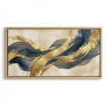 Abstract hand-painted canvas with flowing navy and gold leaf brushstrokes on cream background, contemporary living space