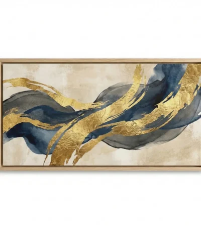 Abstract hand-painted canvas with flowing navy and gold leaf brushstrokes on cream background, contemporary living space