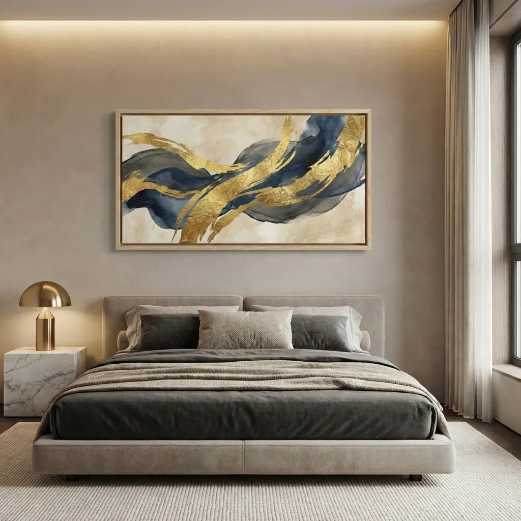 Gestural abstract hand-painted canvas with flowing navy and gold leaf brushstrokes on cream ground, modern bedroom