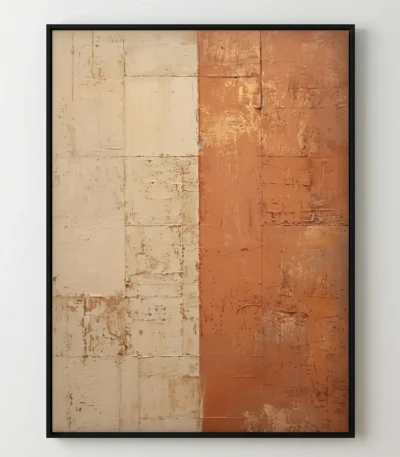 Textured abstract hand-painted canvas in warm terracotta and cream tones with gestural brushwork and layered composition