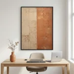 Abstract hand-painted canvas with divided composition in cream and terracotta tones, textured brushwork, modern workspace