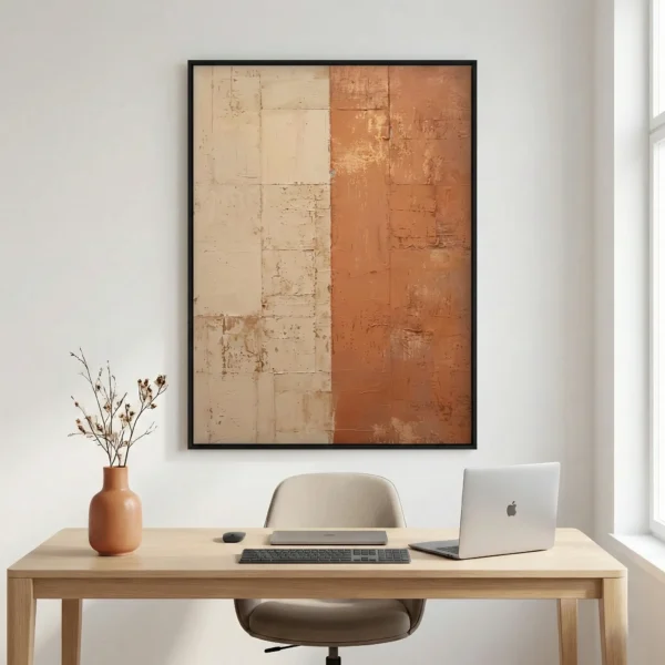 Abstract hand-painted canvas with divided composition in cream and terracotta tones, textured brushwork, modern workspace