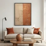 Textured abstract hand-painted canvas in layered cream and terracotta tones with gestural brushwork, contemporary living space