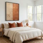 Layered abstract hand-painted canvas in terracotta and cream tones with gestural brushwork, modern bedroom