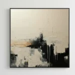 Abstract expressionist hand-painted canvas with gestural black strokes, cream and ochre tones, minimal interior