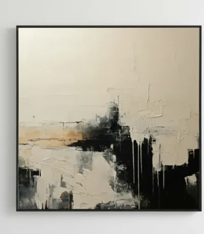 Abstract expressionist hand-painted canvas with gestural black strokes, cream and ochre tones, minimal interior