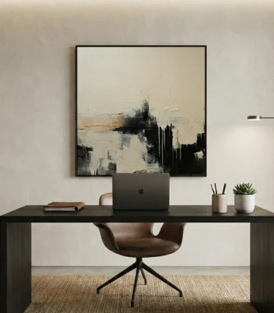 Abstract expressionist hand-painted canvas in monochrome blacks and creams with gestural brushstrokes, modern office setting