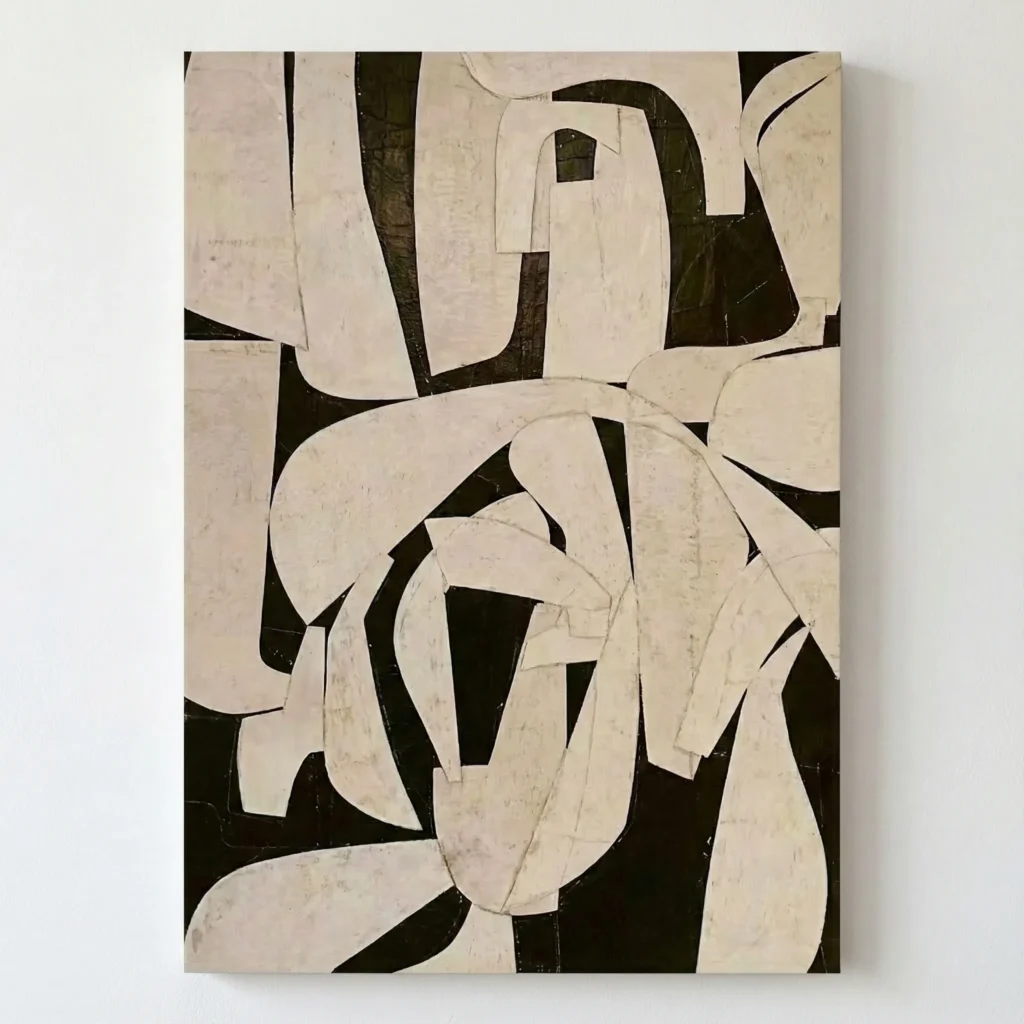 Contemporary abstract hand-painted canvas with geometric cream and black shapes, layered composition
