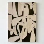 Contemporary abstract hand-painted canvas with geometric cream and black shapes, layered composition