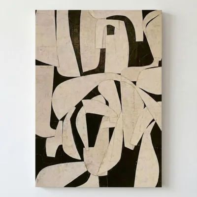 Contemporary abstract hand-painted canvas with geometric cream and black shapes, layered composition