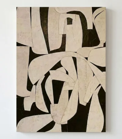 Contemporary abstract hand-painted canvas with geometric cream and black shapes, layered composition
