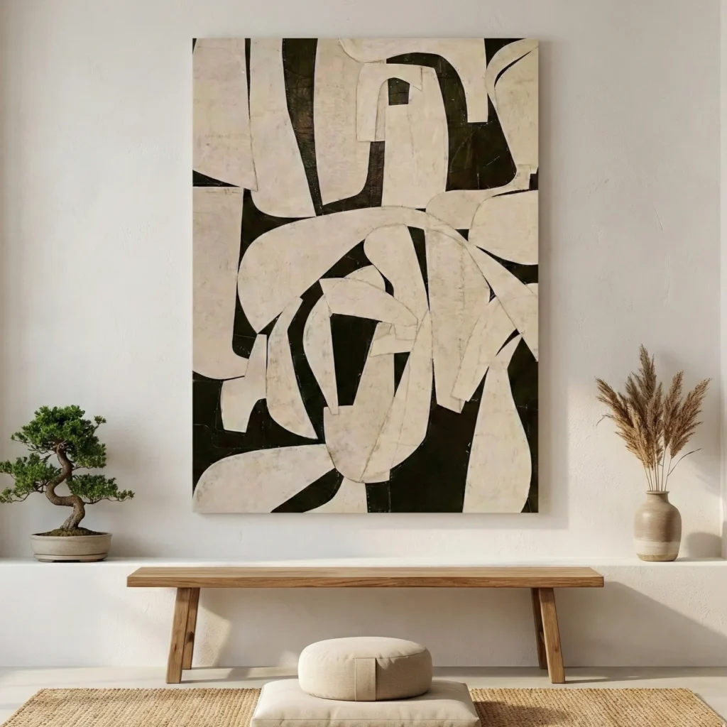 Abstract hand-painted canvas with organic cream and charcoal forms, contemporary minimalist style