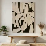 Abstract hand-painted canvas with organic cream and charcoal forms, contemporary minimalist style