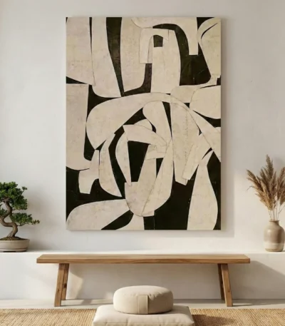 Abstract hand-painted canvas with organic cream and charcoal forms, contemporary minimalist style
