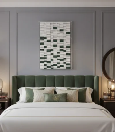 Minimalist abstract hand-painted canvas with geometric blocks in cream, white, and forest green tones, modern bedroom