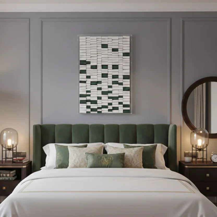Minimalist abstract hand-painted canvas with geometric blocks in cream, white, and forest green tones, modern bedroom
