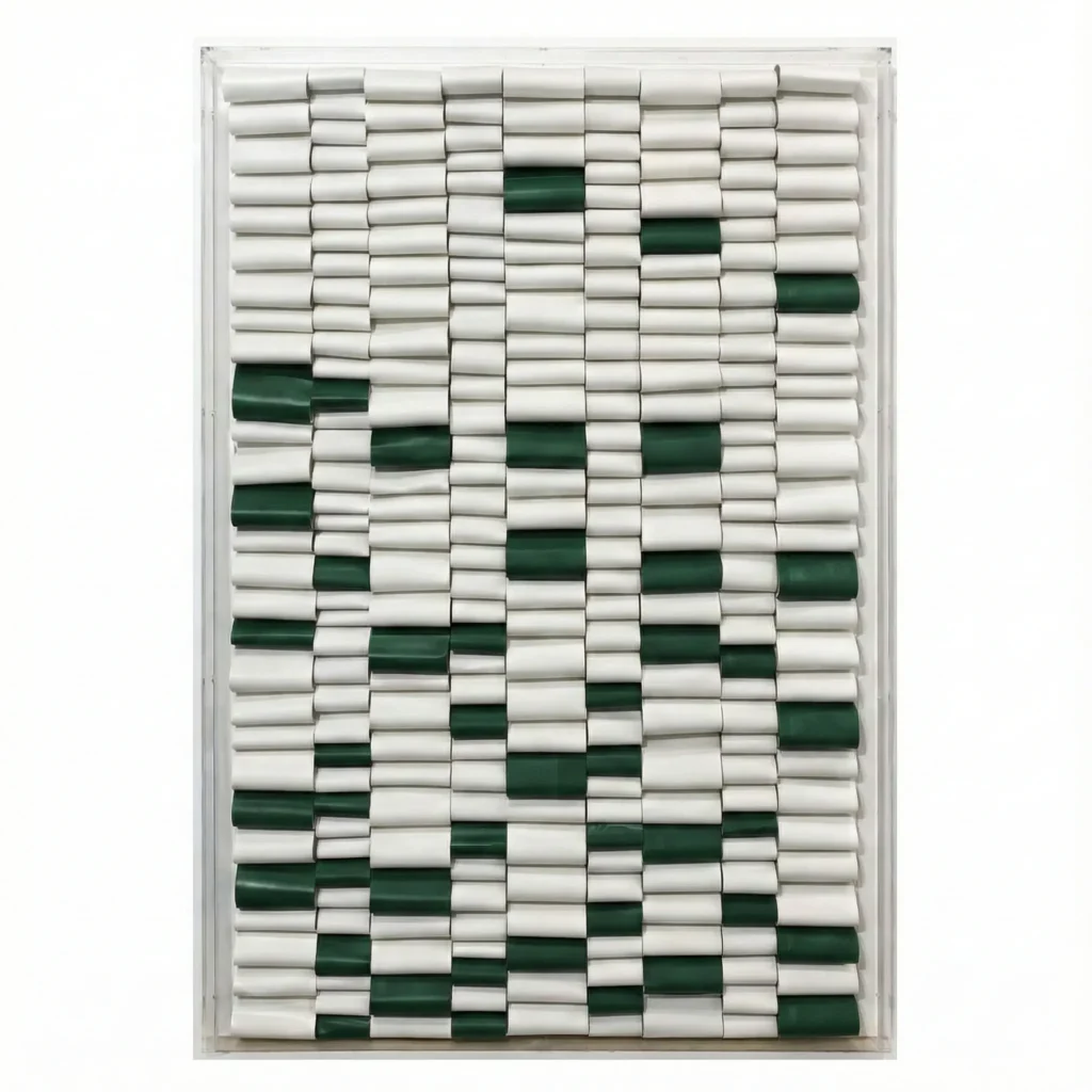Textured hand-painted canvas with dimensional cylindrical elements in deep forest green and cream tones, contemporary wall art
