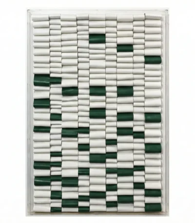 Textured hand-painted canvas with dimensional cylindrical elements in deep forest green and cream tones, contemporary wall art