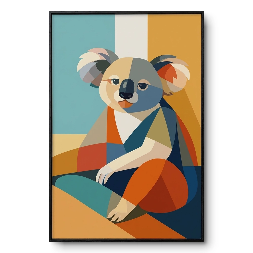 Cubist portrait painting of a koala fractured into teal, orange, gold and blue blocks, black frame