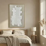 Textured abstract hand-painted canvas with white relief forms and linear striations on neutral ground, modern bedroom setting