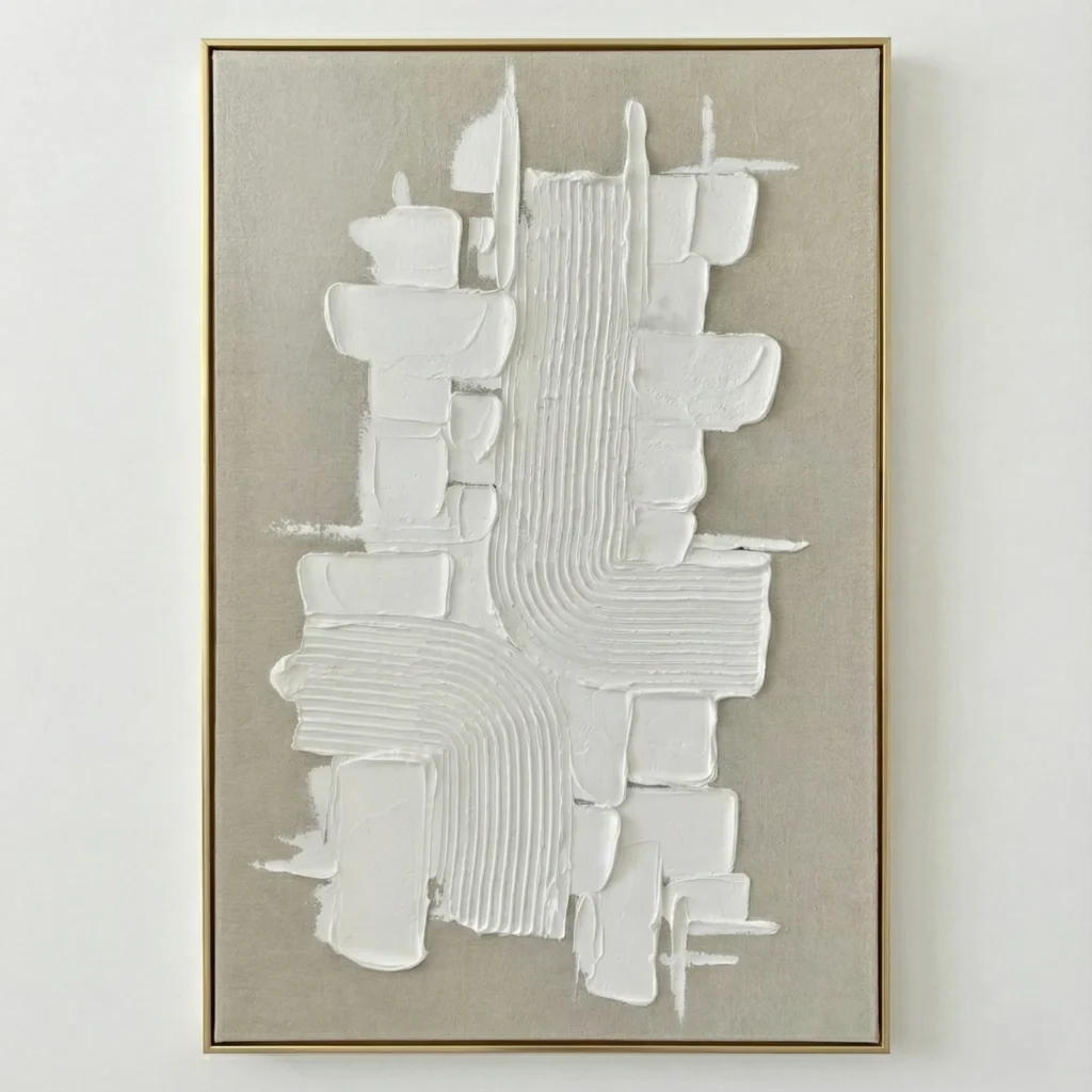 Textured abstract hand-painted canvas with layered white relief forms and linear patterns on natural linen, contemporary space