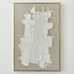 Textured abstract hand-painted canvas with layered white relief forms and linear patterns on natural linen, contemporary space