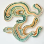 Gestural abstract hand-painted canvas with swirling organic forms in teal, golden yellow and cream, contemporary wall art