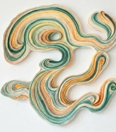 Gestural abstract hand-painted canvas with swirling organic forms in teal, golden yellow and cream, contemporary wall art