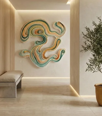 Gestural abstract hand-painted canvas in layered teal, ochre, and cream swirling forms, contemporary entryway